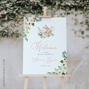 Tea Party Welcome Sign Template, Printable Bridal Tea Shower Welcome Poster, Blush Floral, Editable, Instant Download, Templett #085C-154LS