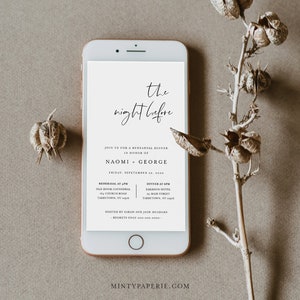 Digital Rehearsal Dinner Invite, Modern Minimalist Wedding Electronic Invitation, Evite, Text Message, Templett Instant Download #096-106RDD