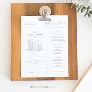 Wedding Party Timeline, Schedule for Bridesmaid & Groomsmen, Minimalist Bridal Itinerary, Order of Events, Editable, Templett #094-108BPT