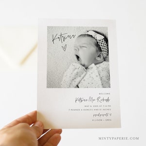 Photo Birth Announcement, Baby Announcement Card, Newborn, Modern, 100% Editable Template, Printable, Instant Download, Templett 0009-103BAC