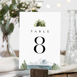 Lake Table Number Cards, Printable Mountain Pine Wedding Table Number, Woodland, Editable Template, Instant Download, Templett #017A-166TC