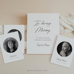 In Loving Memory Sign en Memorial Photo Cards, bewerkbare tekst en afbeelding uploaden, minimalistische bruiloft Memorial Sign, Templett #0024-101LMC