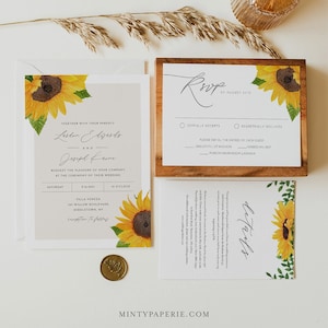 Sunflower Wedding Invitation Set, Printable Summer or Fall Wedding Suite, Rustic Barn, Editable Template, Instant Download, Templett #0010B