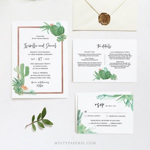 Succulent Wedding Invitation Set Template, INSTANT DOWNLOAD, 100% Editable Text, Cactus Fiesta Wedding Invite, RSVP & Detail, Templett #086C