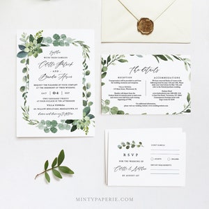 Greenery Wedding Invitation Template, Self-Editing Invite, RSVP and Details, 100% Editable Text, Printable, INSTANT DOWNLOAD, Templett 082A image 1