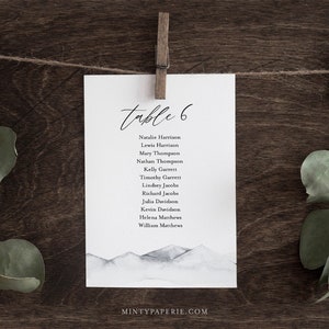 Sitzplan Vorlage, Aquarell Berg Hochzeit Sitzplan, minimalistisch, hängende Karten, bearbeitbar, Sofort Download, Templett #004-130SP