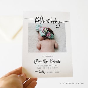 Birth Announcement, Photo Baby Announcement Card, Newborn, Modern, 100% Editable Template, Printable, Instant Download, Templett 0009-101BAC