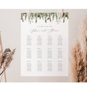 Winter Pine Seating Chart Template, Printable Wedding Seating Sign, Instant Download, 100% Editable Text, Templett, 4 Sizes #0017-294SC