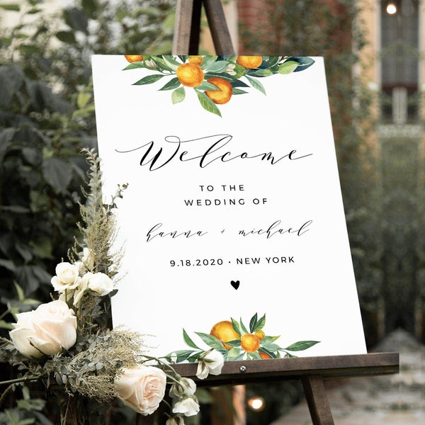 Welcome Sign Template, Printable Citrus Orange Blossom Wedding or Bridal Shower Sign, Instant Download, 100% Editable, Templett #084-157LS