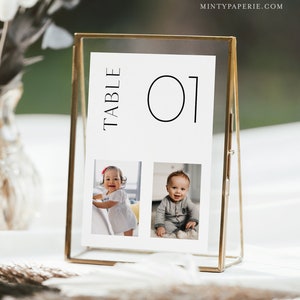 Cartão de número de mesa com fotos de bebês, fotos de infância, mesa de casamento minimalista, adicione sua imagem, modelo editável, instantâneo, 4x6, 5x7 #0026-213TC