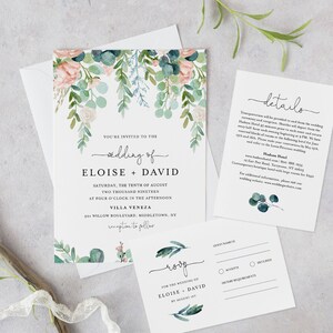 May include: Wedding invitation with a watercolor floral design in shades of pink, green, and blue. The invitation features the text "You're invited to the wedding of Eloise + David" and details the date, time, and location of the ceremony. The RSVP card includes a floral design and the text "RSVP for the wedding of Eloise + David by August 1st".