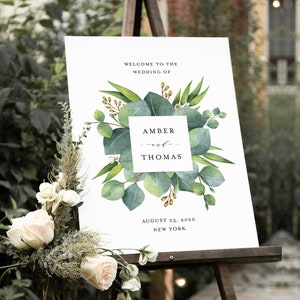 Eucalyptus Welcome Sign Template, Printable Greenery Wedding or Bridal Shower Sign, Instant Download, Editable Text, Templett #036-169LS