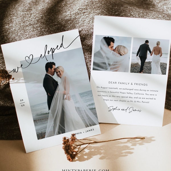 Photo Elopement Announcement, Intimate Wedding Reception Party Invitation, We Eloped, Minimalist, Editable Template, Templett #0032-129EL