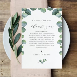 Carta de agradecimiento de eucalipto, Nota de servilleta, Menú de boda imprimible Gracias, Plantilla editable, DESCARGA INSTANTE, Templett, 4x6 #036-119TYN