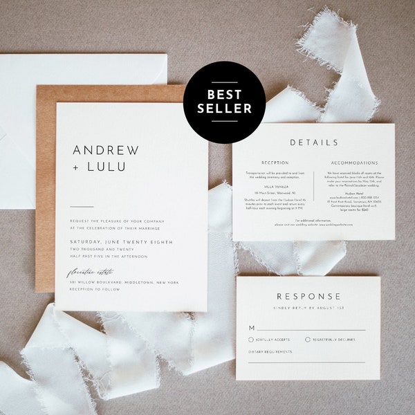 Conjunto de convites de casamento minimalistas, simples, modernos e básicos, com confirmação de presença (RSVP), detalhes, modelo editável, download instantâneo, Templett #094B