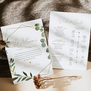 Carta de boas-vindas da Greenery e modelo de cronograma, ordem de eventos de casamento, itinerário, download instantâneo, texto editável, Templett #056-164WB