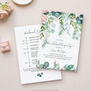 May include: A floral-themed bachelorette party invitation with a watercolor design of pink and white flowers and green leaves. The invitation includes the text "Join us for a bachelorette party in honor of Eloise McIntyre" and details for the event, including the date, time, and location. The invitation also includes a schedule of events for the weekend, including a massage, dinner, and dancing.