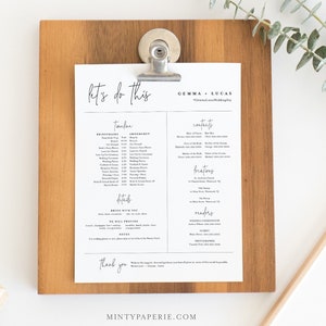 Bridal Party Itinerary, Minimalist Wedding Timeline, Order of Events, Details for Bridesmaid & Groomsmen, Editable, Templett #095-104BPT