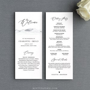 Mountain Wedding Program Template, Printable Rustic Order of Service, Editable Text, Flat Program, Instant Download, Templett #004-224WP