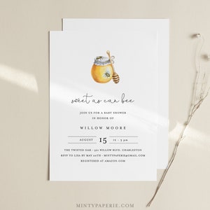 Bee Baby Shower Invitation Template, Sweet as Can Bee, Honey Baby Shower, INSTANT DOWNLOAD, 100% Editable Text, DIY, Templett #097-150BA