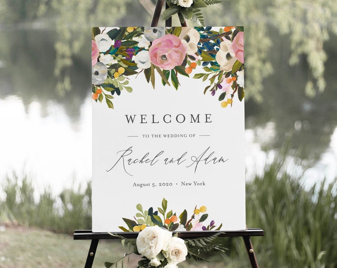 Garden Welcome Sign Template, Printable Summer Boho Floral Wedding or Bridal Shower Poster, Instant Download, Editable, Templett #054-184LS