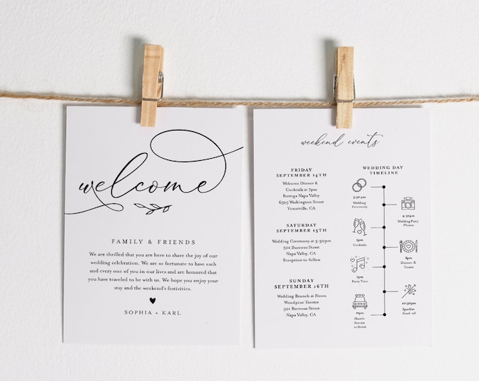 Welcome Bag Letter & Timeline Template, Printable Wedding Order of Events, Editable Itinerary, INSTANT DOWNLOAD, Templett #092-136WB