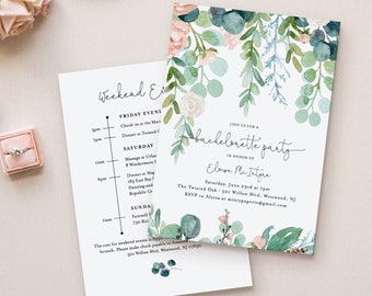 Garden Bachelorette Invitation & Itinerary Timeline, Editable Template, Printable Greenery Bachelorette, Instant Download #068A-128BP