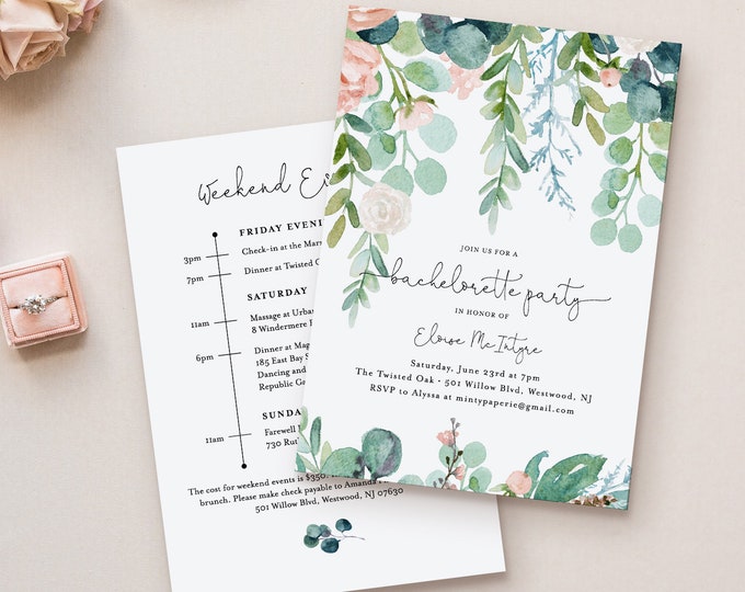 Garden Bachelorette Invitation & Itinerary Timeline, Editable Template, Printable Greenery Bachelorette, Instant Download #068A-128BP