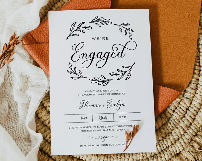 Engagement Invitation Template, Printable Simple Wedding Engagement Announcement, We're Engaged, 100% Editable, Instant Download #027-108EP