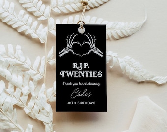 30th Birthday Favor Tag, RIP Twenties, Gothic Thank You Tag, Skeleton Goodie Bag, Editable Template, Instant, Templett #0045-237FT