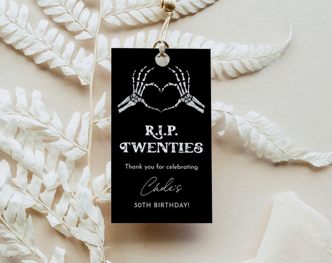30th Birthday Favor Tag, RIP Twenties, Gothic Thank You Tag, Skeleton Goodie Bag, Editable Template, Instant, Templett #0045-237FT