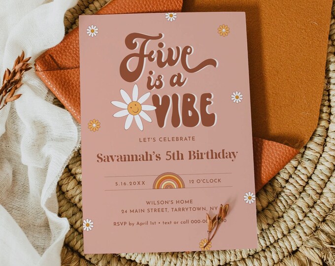 Five is a Vibe Birthday Invitation, Hippie, Retro, 70s, Groovy 5th Birthday Party Invite, Editable Template, Instant, Templett #051-125BD