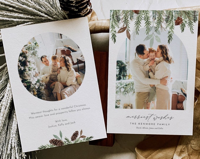 Photo Pine Holiday Card Template, Editable Text, Add Your Photo, Change Color, Arch Family Christmas Card, Instant, Templett #0017-121HP