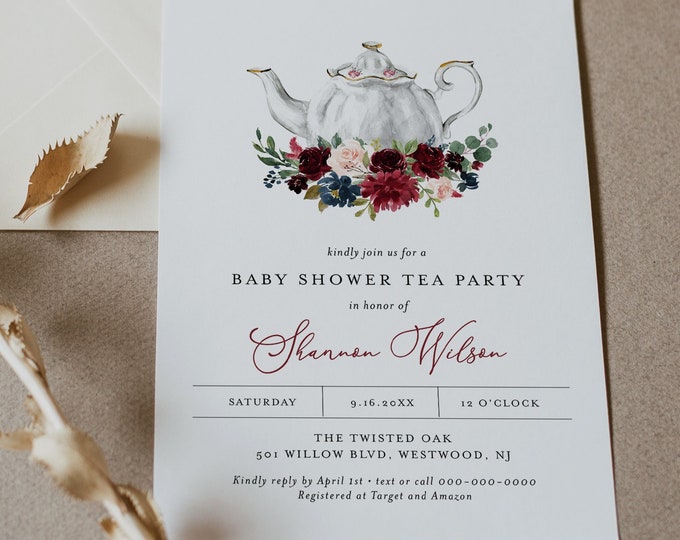 Tea Party Baby Shower Invitation Template, 100% Editable Text, Printable Teapot Baby Shower Invite, Templett, Instant Download #085B-238BA