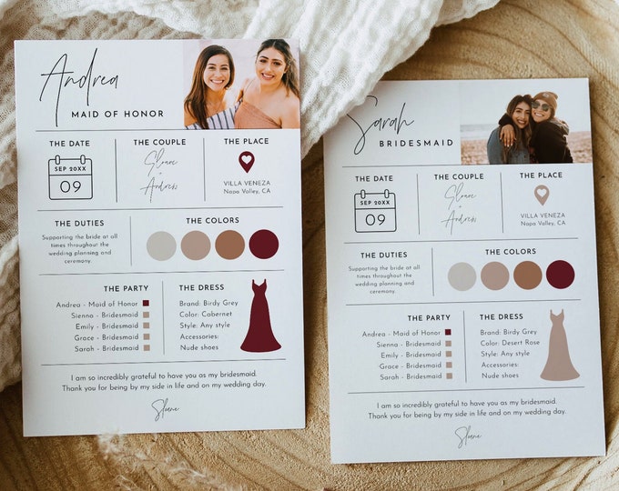 Bridesmaid Info Card Template, Photo Bridal Party Info Card, Modern Bridesmaid Infographic, 100% Editable Text, Templett #0026-104BIC