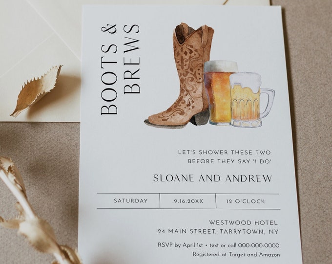 Boots and Brews Invitation, Couple Shower Invite, Western Bridal Shower, Beer, Edit & Print Today, Instant Download, 5x7 #0026D-316BS