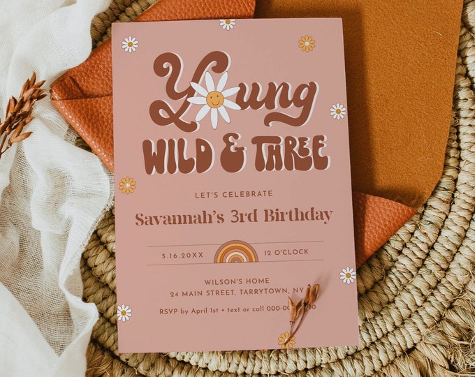 Groovy 3rd Birthday Invitation, Hippie, Retro, 70's Vibe, Young Wild & Three Invite, Editable Template, Instant, Templett #051-123BD