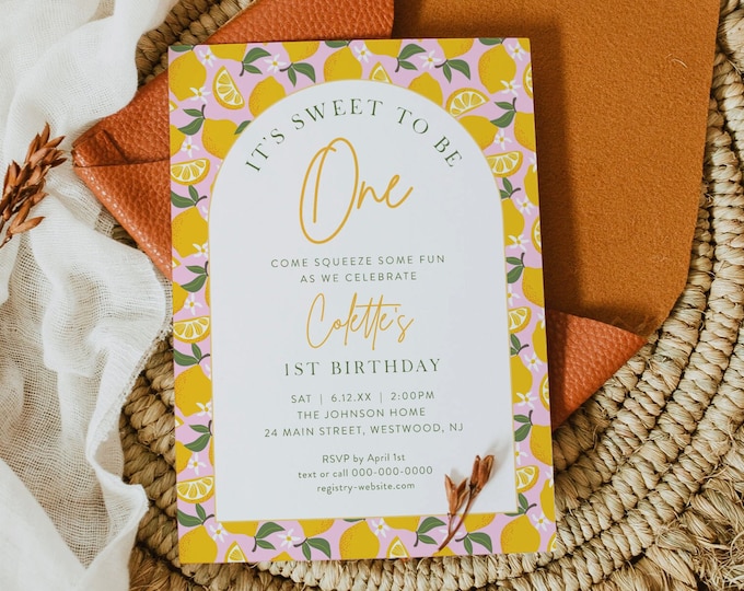 Lemon 1st Birthday Party Invitation Template, Sweet to be One, Lemon Squeeze, Summer Birthday, Instant, Editable, Templett #0046-133BD