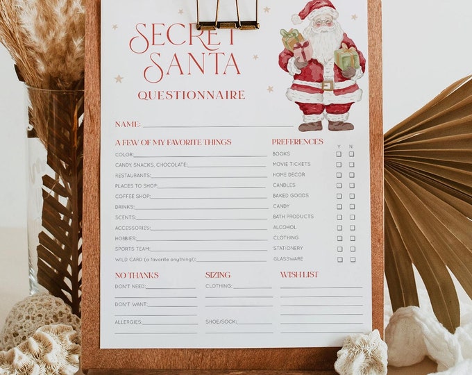 Secret Santa Questionnaire, Gift Exchange Form, Retro, Company Holiday Party, Coworker Gift Swap, Editable Template, 8.5x11 #110SSQ