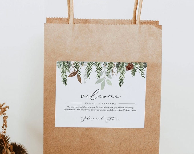 Welcome Bag Label Template, Welcome Box Sticker, Rustic Pine, Winter Wedding, INSTANT DOWNLOAD, Editable Hotel Bag, Templett #0017-114WBL