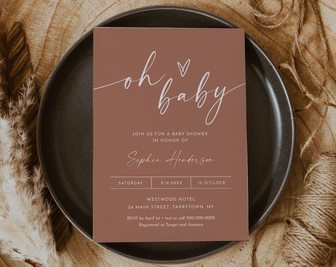 Bohemian Baby Shower Invitation, Terracotta Baby Shower Invite, Oh Baby, Gender Neutral, Editable Template, Instant, Templett #0034T-234BA