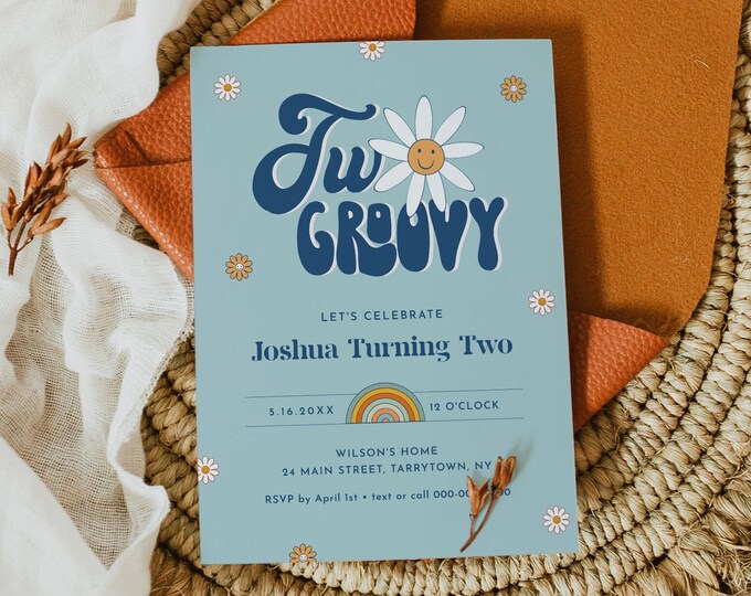 Two Groovy Birthday Invitation for Boy, Hippie, Retro, 70's Vibe, 2nd Birthday Party Invite, Editable Template, Instant, Templett #051-121BD