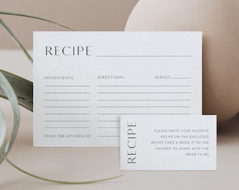 Modern Recipe Card and Recipe Request Insert, Printable Minimal Bridal Shower Recipe Insert, Editable Template, Templett #0026-136RC