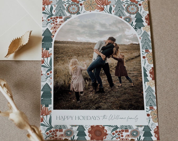 Bohemian Holiday Card Template, Hygge Modern Boho Photo Christmas Card, Editable, Add Your Own Photo, Instant, Templett 5x7, 4x6 #0033-139HP