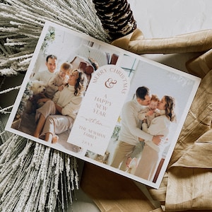 Moderne Feiertagskartenvorlage, bearbeitbarer Text, fügen Sie Ihr Foto hinzu, ändern Sie die Farbe, Bogenfamilienfoto-Weihnachtskarte, sofort verfügbar, Templett #130PS