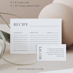 Modern Recipe Card and Recipe Request Insert, Printable Minimal Bridal Shower Recipe Insert, Editable Template, Templett #0026-136RC