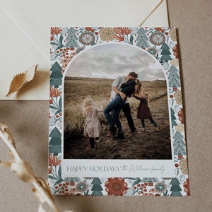 ボヘミアンホリデーカードテンプレート、ヒュッゲモダンボヘミアンフォトクリスマスカード、編集可能、自分の写真を追加、インスタント、Templett 5x7、4x6 #0033-139HP