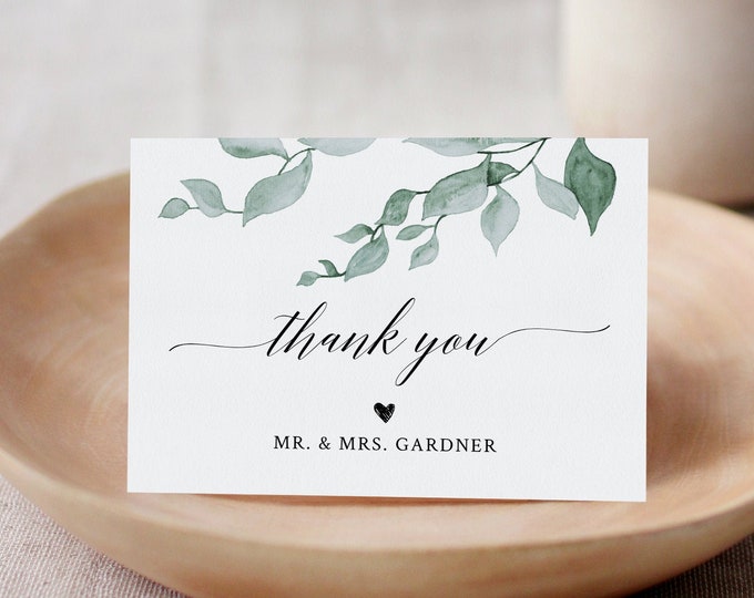 Greenery Thank You Note Card Template, Folded Wedding or Bridal Shower Thank You Card, 100% Editable Text, INSTANT DOWNLOAD, DIY #019-117TYC