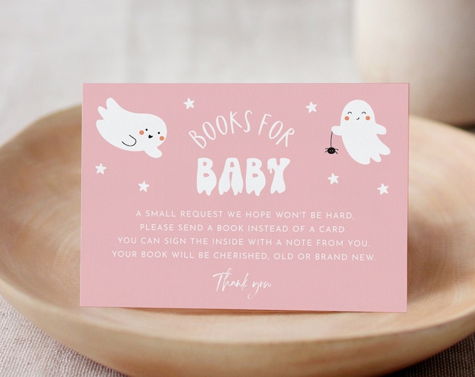 Halloween Books for Baby Card, Pink Book Request, Girl Baby Shower Invitation Book Insert, Editable Text, Templett, 2 Sizes #0001-150BFB