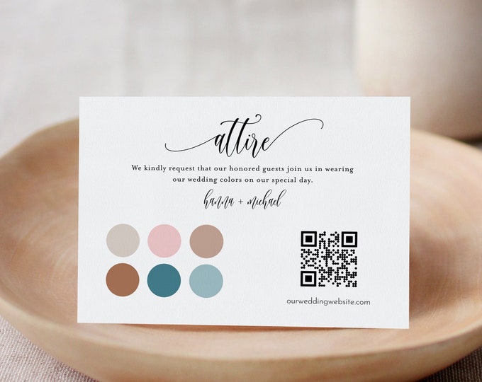 Wedding Attire Card, Info Card, Guest Attire Insert, Dress Code, Wedding Color Palette, 100% Editable, Templett #008-104ATT